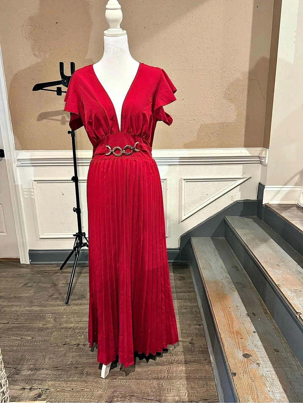SHEIN Red Pleated Maxi Dress Gold Waist Detail